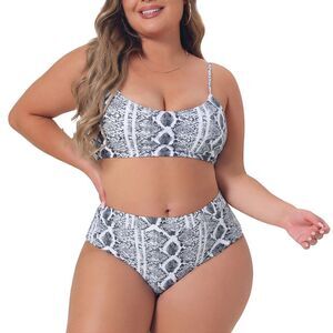 Plus Size Crop Top High Waisted Two Pieces Swimwear Grey